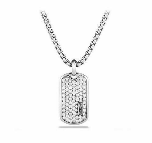 New DY Mens Sapphire Round Stone Dog Tag Pendant 925 Silver White 40x20 MM