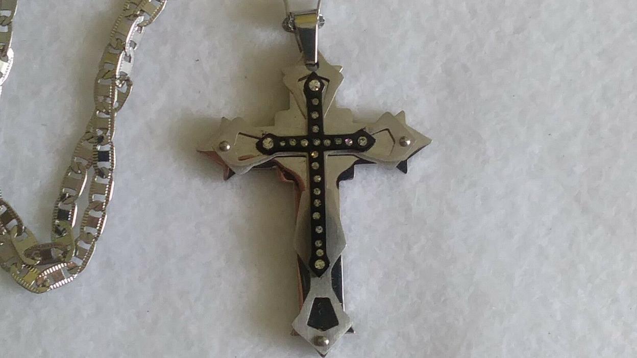Stainless Steel Silver and Black Colors Cross Rhinestone Accent Pendant Necklace