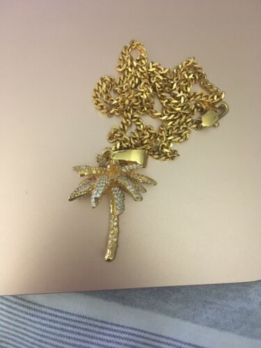 GLD Iced Out Lab Diamond 14kGold Plated Palm Tree Pendant Necklace W/ Free Chain