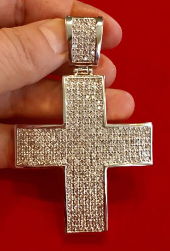 Men's 14K White Gold Finish Iced Out BIG STONE LARGE FANCY CROSS 3D Pendant PC