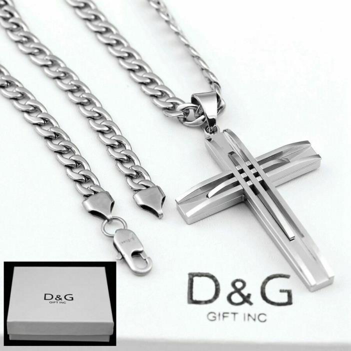 NEW DG Gift Inc Men's Stainless Steel Silver Cross Pendant 24