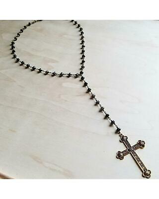 Jewelry Junkie Women's Labradorite Gold Cross Rosary Necklace  Black