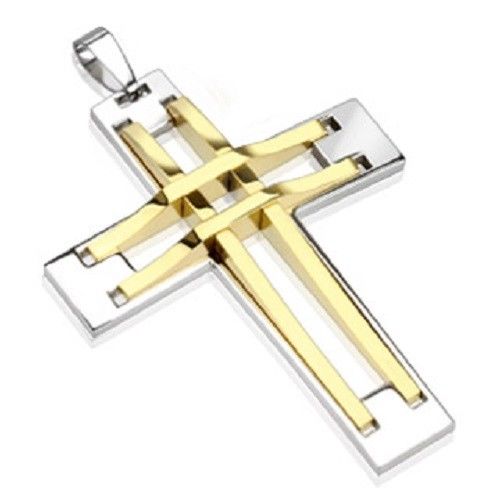 D`Aquilla Stitch Cross Two Tone Gold IP Stainless Steel Pendant  2.48 x 1.57