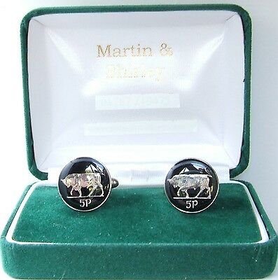 No Date IRISH BULL Cufflinks made from old IRELAND  coins in Black & Silver