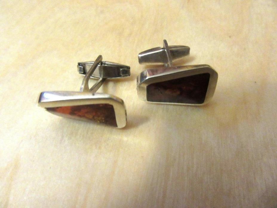 STERLING SILVER & GENUINE BALTIC AMBER UNIQUE  CUFF LINKS ,