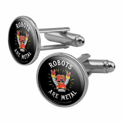 Robots Are Metal Rock Funny Humor Round Cufflink Set Silver Color