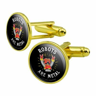 Robots Are Metal Rock Funny Humor Round Cufflink Set Gold Color