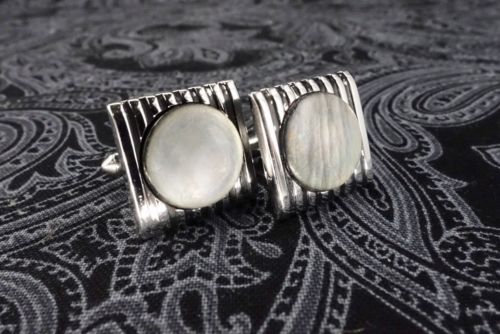 Vintage Silver Tone Swank Cufflinks - Deco Stripes With Grey Pearlescent Panel