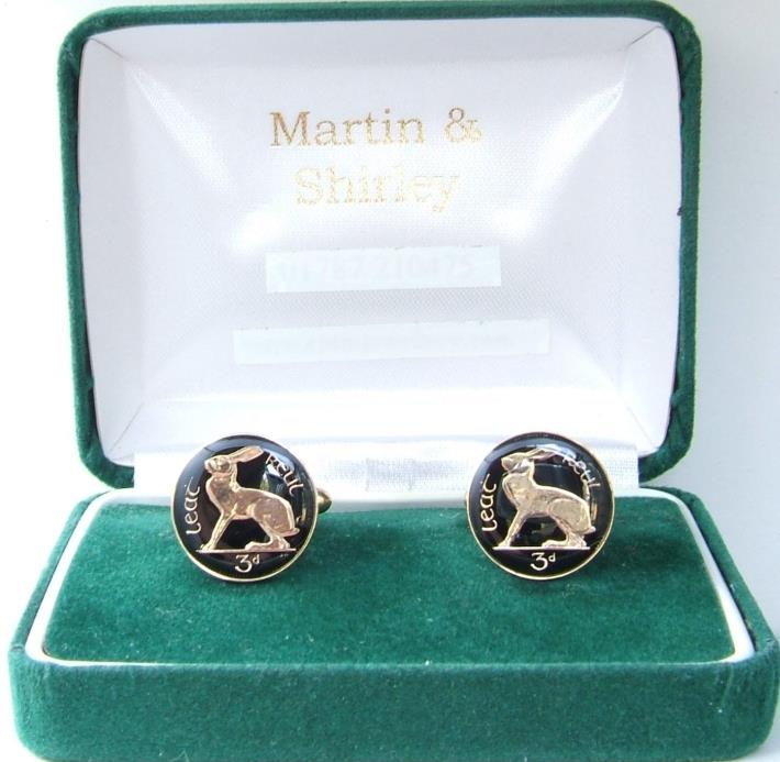 No Date IRISH HARE Cufflinks made from old IRELAND  coins in Black & Gold