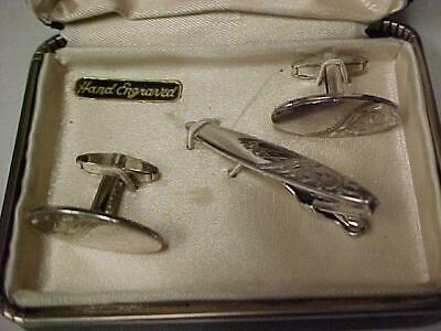 Tie Bar/Cuff Links-Vintage-by Foster-Hand Engraved-Box-Silver Tone #12888C