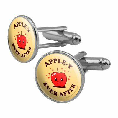 Apple-y Happily Ever After Funny Humor Round Cufflink Set Silver Color