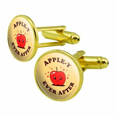 Apple-y Happily Ever After Funny Humor Round Cufflink Set Gold Color