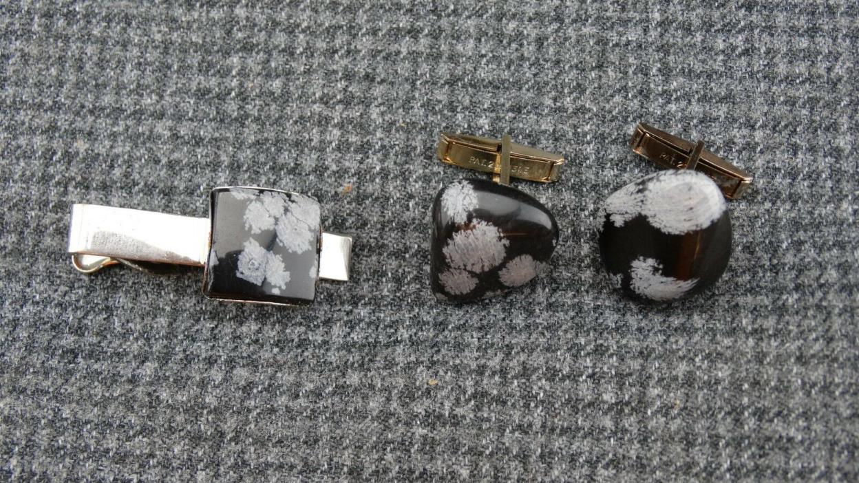 JS2 Snowflake Obsidian Cuff Links Tie Clip / Bar Set