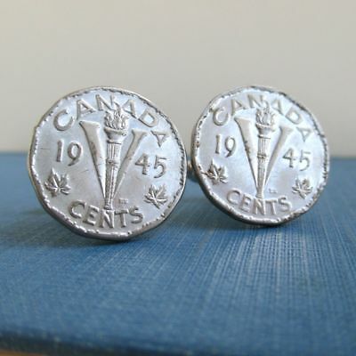 CANADA WWII Coin Cuff Links -Recycled Vintage 1945 Silver Tone V Victory Nickels
