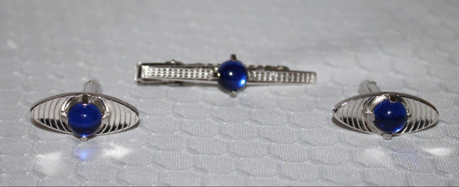 Vintage Anson Cufflinks Tie Clip in Original Box -Cobalt Blue Cabachons & Silver