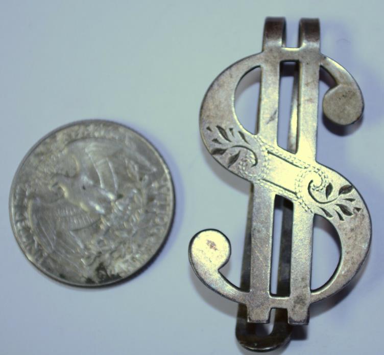 Antique VTG Sterling Dollar Sign Fancy Engraved Money Clip 1 7/8