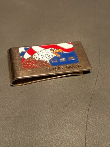 Vintage American Eagle 1985 baron money clip silver toned enameled USA