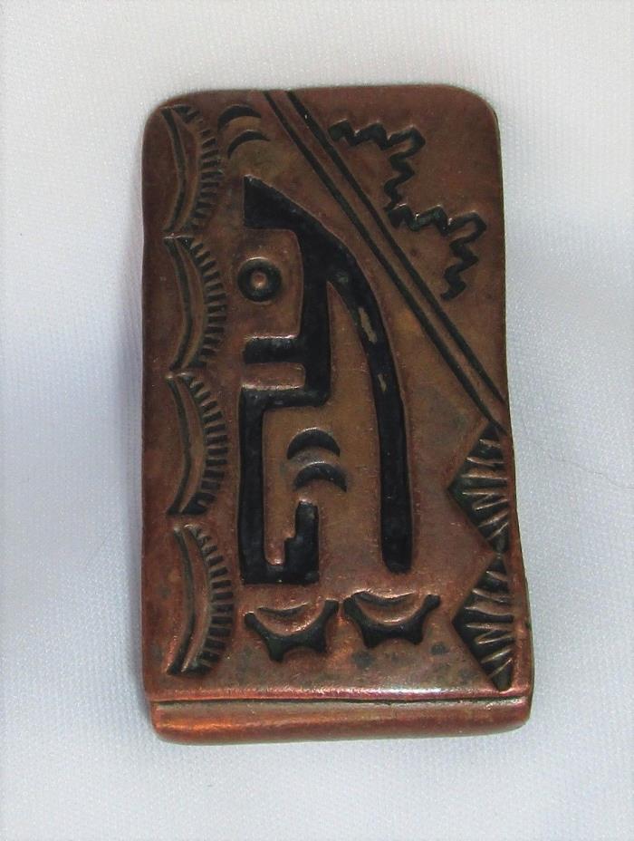 Vintage Copper Money Clip Abstract Kokopelli With Tribal Symbols Signed LN