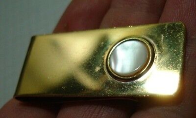 Classy gold tone MONEY CLIP nice shirt button size Mother of Pearl mop to match