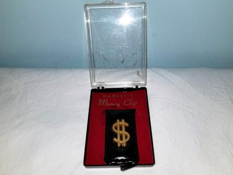 Vintage Gold Tone $ Dollar Sign Magnetic Money Clip With Original Case