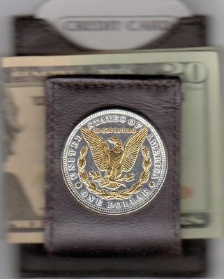 Brown Leather Folding 24k Gold & Silver Morgan Silver Dollar Rev Coin Money Clip