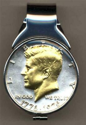 1976 Kennedy Bicentennial Half Dollar Silver & 24 k Gold Coin Spring Money Clip