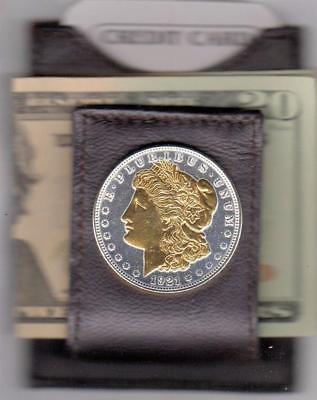 Brown Leather Folding 24 k Gold & Silver Morgan Silver Dollar Coin Money Clip