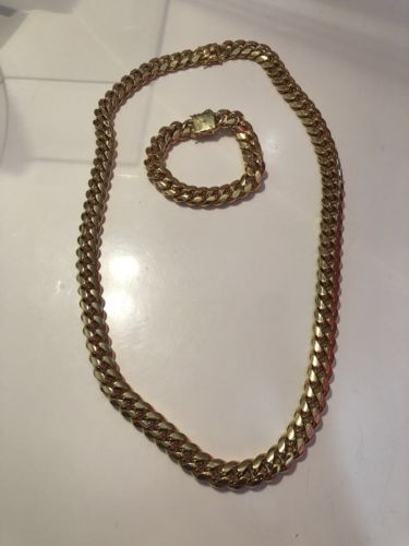 14 mm30inMen Cuban Miami Link Bracelet Chain Set 14k Gold Plated Stainless Steel