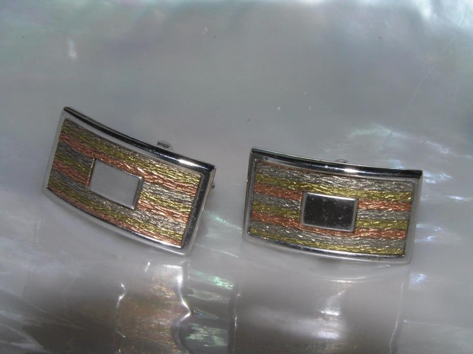 Vintage Swank Signed Etched Tricolor Curved Rectangle Cuff Links with Spot That