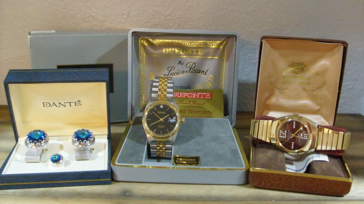 Vintage Mens Jewelry Lot Watches , Cufflinks , Dufonte , Baseikone , Dante