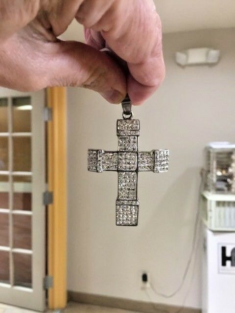 Mens Stainless Steel Cross Pendant with White Background Filled with Cz's