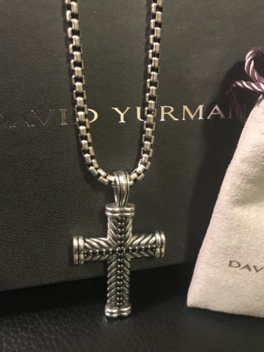 David Yurman Sterling Silver Chevron Cross Pendant w Black Diamonds & 22