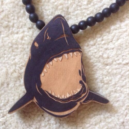 Shark Black Jaws Chain Necklace Good Pendant Lucky Teeth Wood Bead Wooden