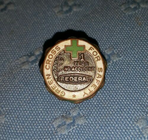 Vintage Green Cross for Safety Lapel Pin; hat tie tack clip; Federal