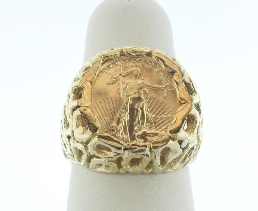 14K Yellow Gold Men's $5 Liberty 1/10 oz Coin Ring - Size 8
