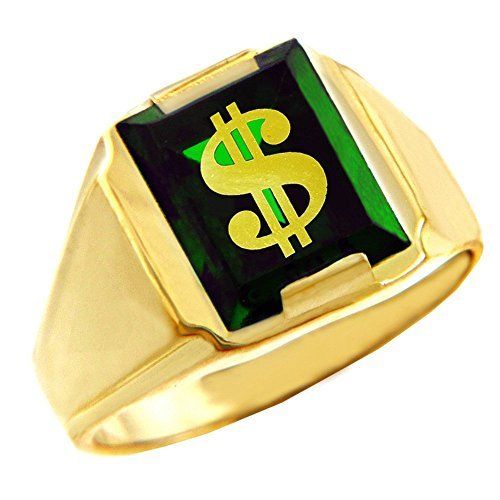 Men's 14k Yellow Gold Green Stone  Lucky Dollar Sign Casino Ring