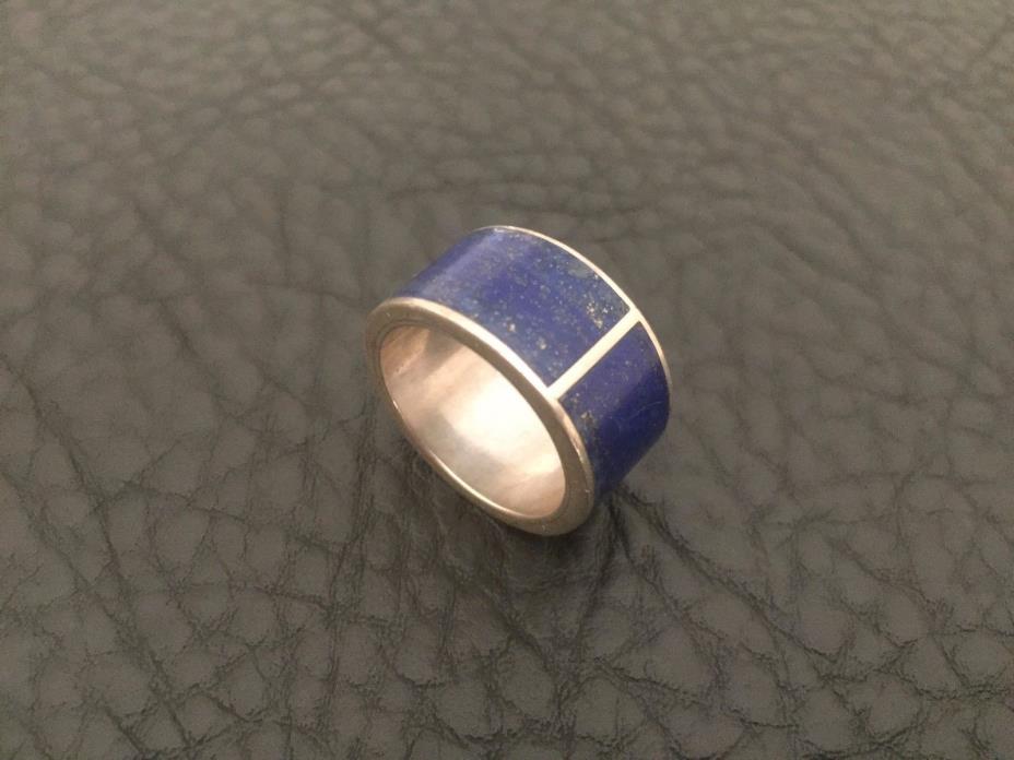 VINTAGE 1980'S STERLING SILVER LAPIS INLAID HANDCRAFTED WIDE BAND MENS RING SZ.9