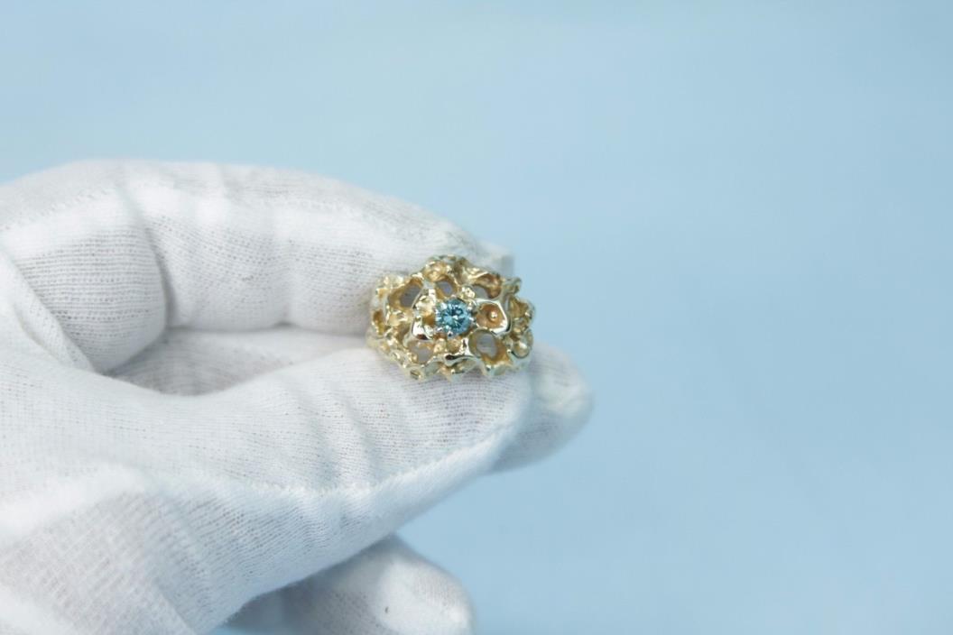 Vintage Blue Diamond Solitaire Nugget Custom  Ring 14K Yellow Gold 12.6 G 1/3 Ct