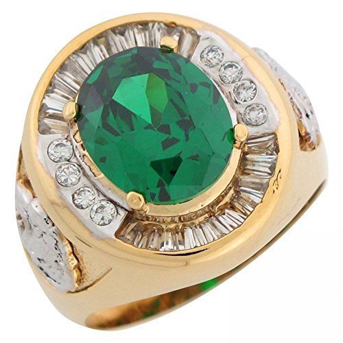 10k Two Tone Gold Simulated Gemstone CZ Lion Head Accents Mens Ring