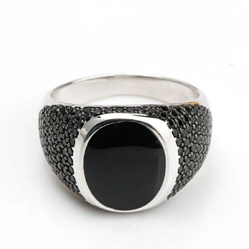 Vintage 925 Sterling Silver Black Enamel Rings with Black Cubic Zirconia...