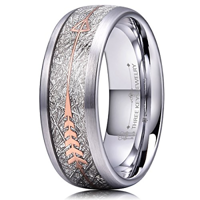Three Keys 8mm White Tungsten Wedding Ring for Men Domed Imitated Meteorite Rose