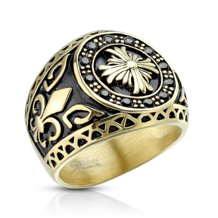 Stainless Steel Gold IP Celtic Cross CZ Ring - Cubic Zirconia Fleur De Lis Ring