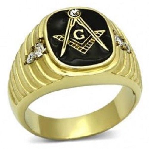 Freemasons's Gold IP Stainless Steel 316L Masonic, Clear Crystal Lodge Ring