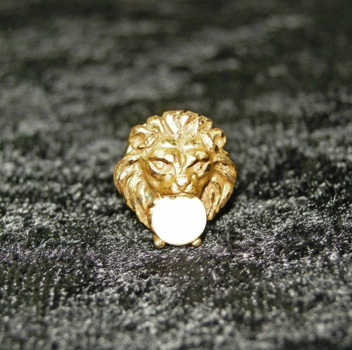 VINTAGE GOLD TONE LIONS HEAD TIE TACK W/ OPAL IN TEETH MOUTH MENS JEWELRY FANCY