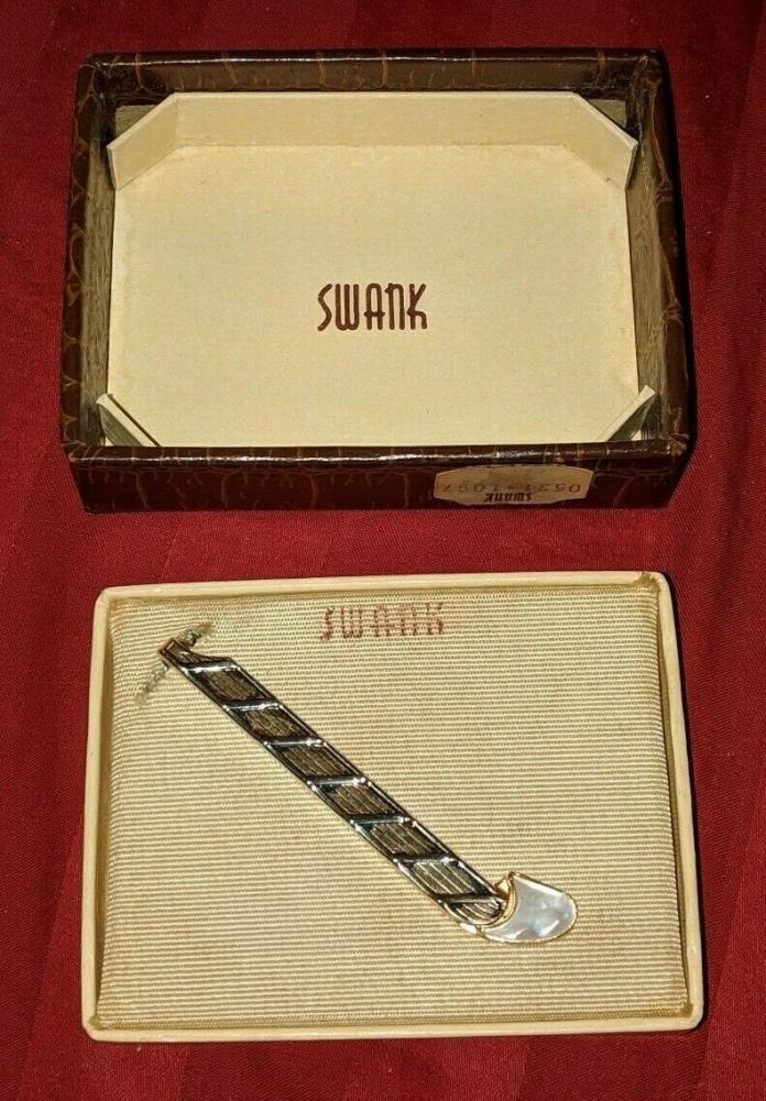 VINTAGE SWANK MOTHER OF PEARL GOLD TONE TIE BAR CLIP CLASP RARE HTF EUC OLD