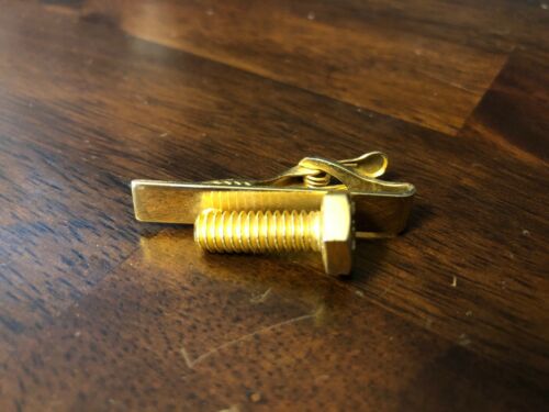 Vintage Hex Bolt Machine Screw Gold Plated Tie Bar Clip Alligator Clasp