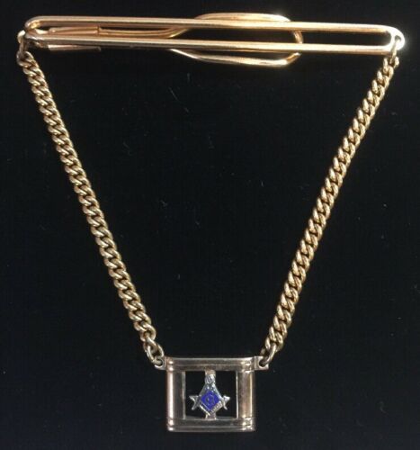 Vintage Mid Century Swank Masonic Gold Tone Tie Clip W/Chain