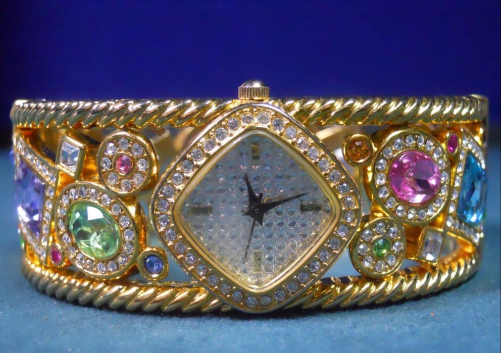 ADRIENNE REAL COLLECTIBLES Multi Jeweled RHINESTONE Bracelet Bangle WATCH