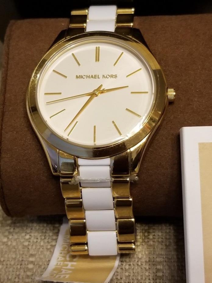 Michael Kors MK4295 Womens Slim Runway White Acetate Gold tone Bracelet Watch