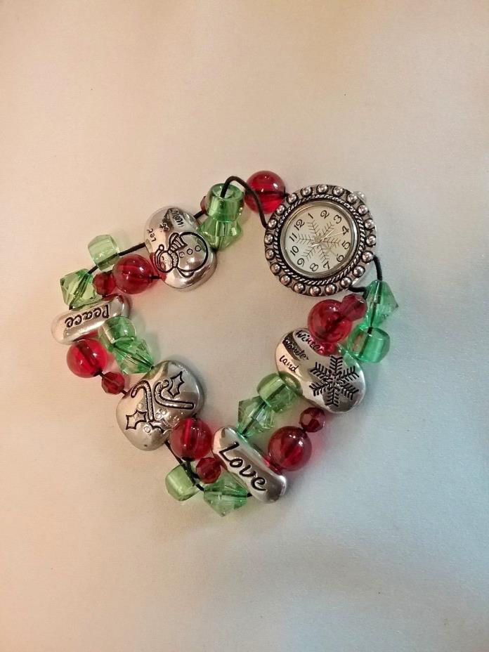 Handmade Women’s Christmas Wrist Watch Snow Flake On Dial Analog String Beads